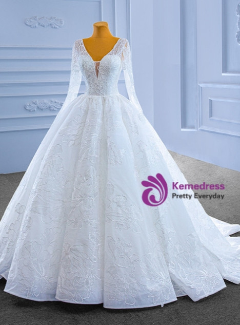 White Lace V-neck Long Sleeve Beading Wedding Dress