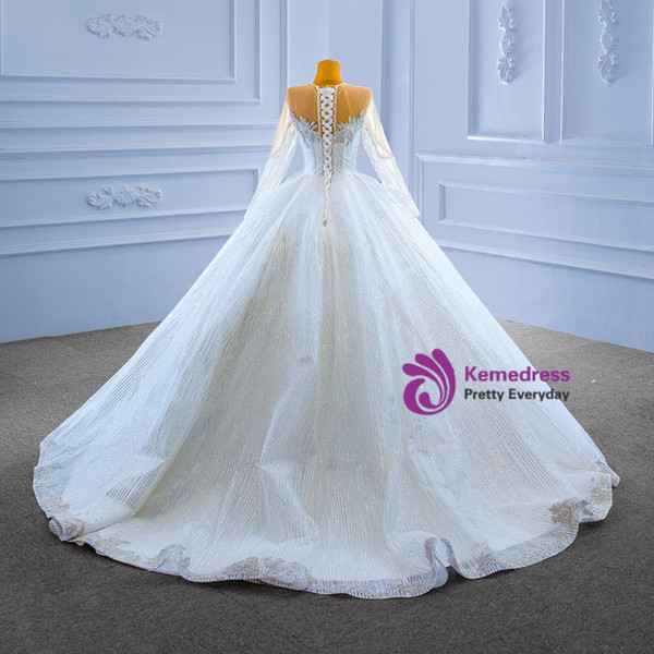 Ball Gown White Tulle Sequins Long Sleeve Beading Wedding Dress