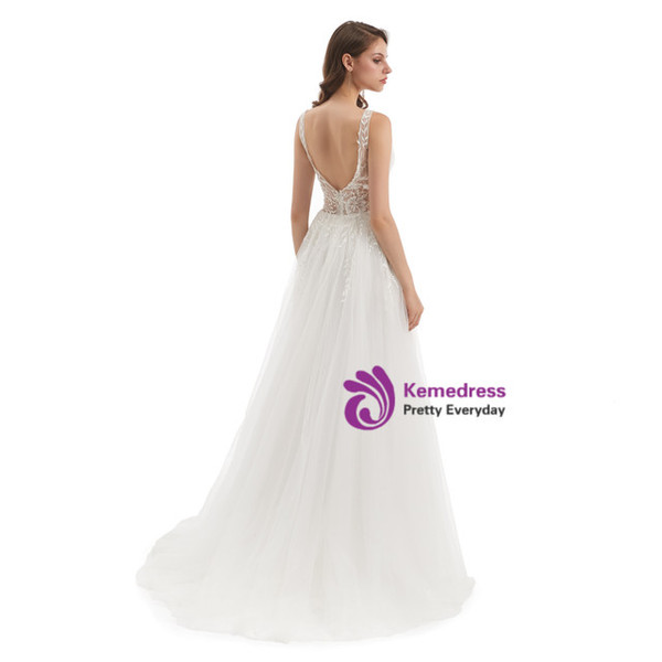 White Tulle Appliques V-neck Backless Wedding Dress