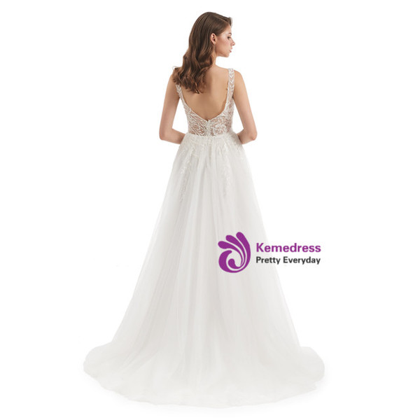 White Tulle Appliques V-neck Backless Wedding Dress