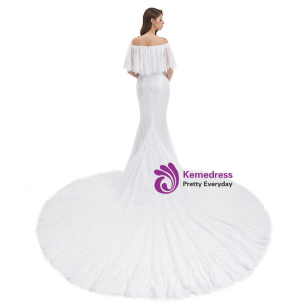 White Mermaid Lace Wedding Dress With Long Train