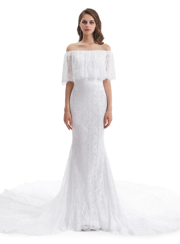 White Mermaid Lace Wedding Dress With Long Train