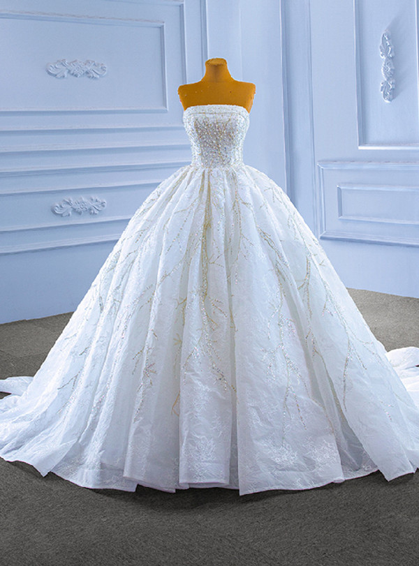 Ball Gown White Tulle Sequins Beading Wedding Dress