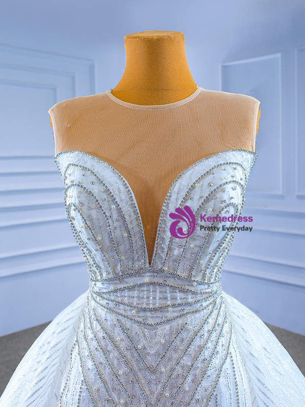 Sexy White Mermaid Tulle Sequins Beading Pearls Wedding Dress