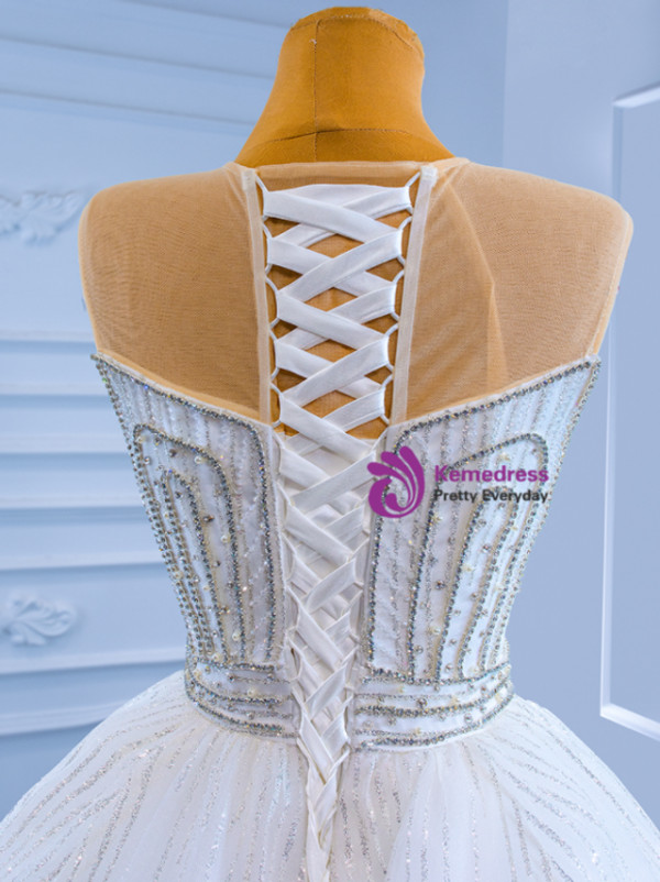 Sexy White Mermaid Tulle Sequins Beading Pearls Wedding Dress