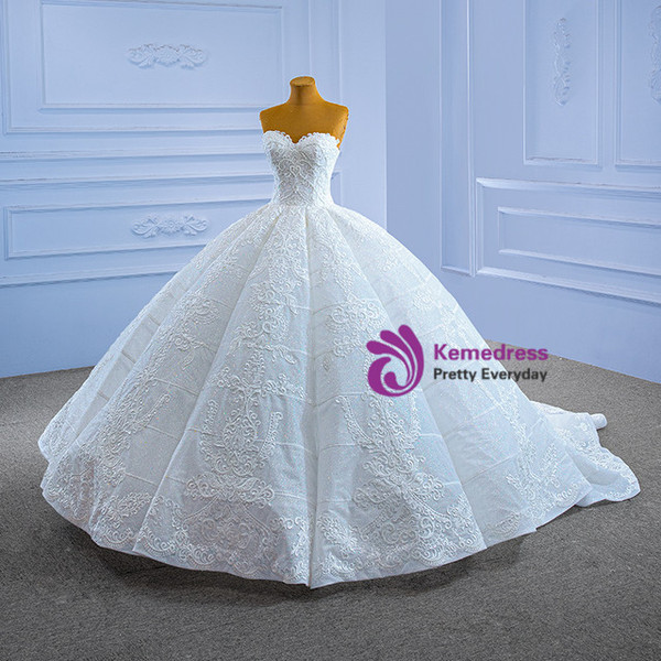 White Ball Gown Sequins Lace Appliques Beading Wedding Dress