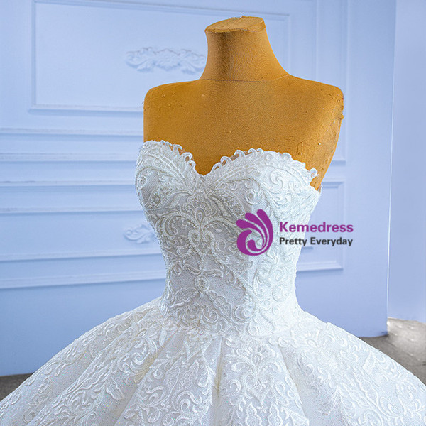 White Ball Gown Sequins Lace Appliques Beading Wedding Dress