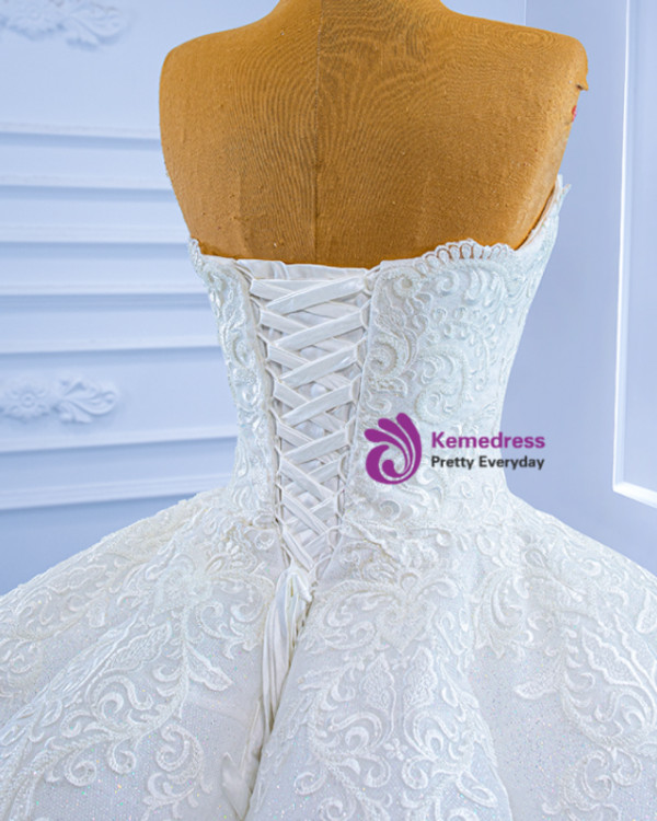 White Ball Gown Sequins Lace Appliques Beading Wedding Dress