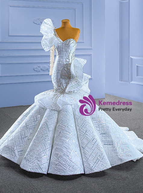 White Mermaid Sequins One Shoulder Beading Crystal Wedding Dress
