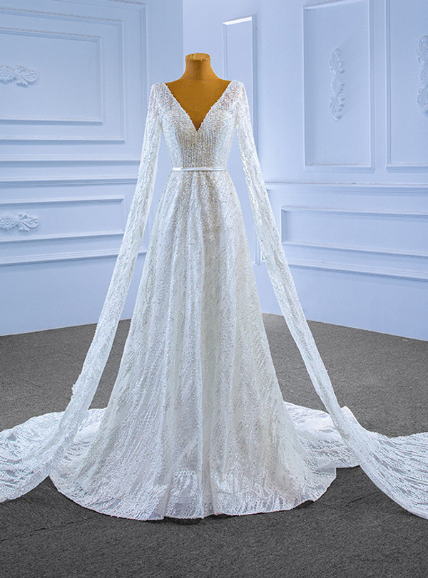 White Lace V-neck Backless Beading Long Sleeve Wedding Dress