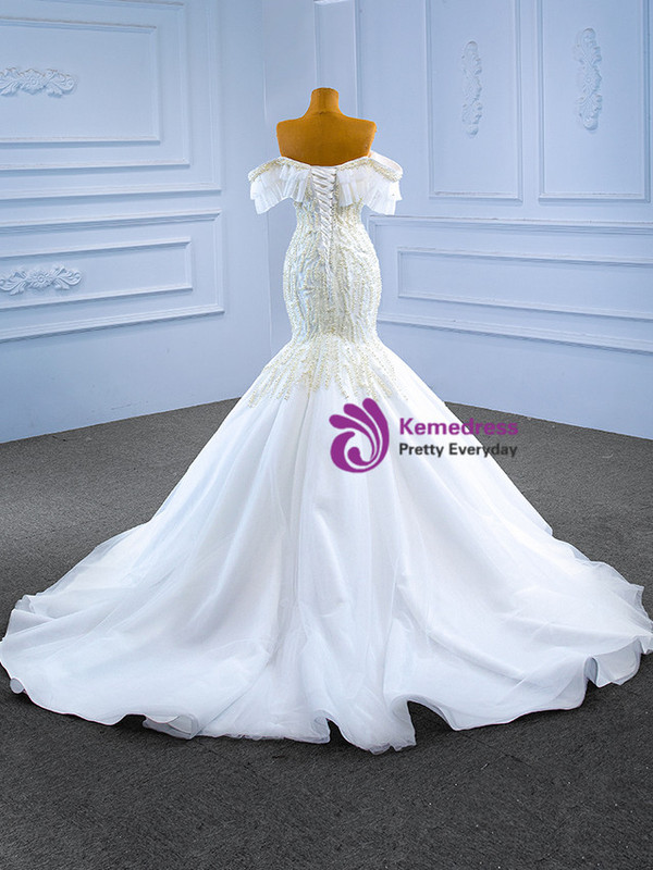 Sexy White Mermaid Tulle Pearls Wedding Dress