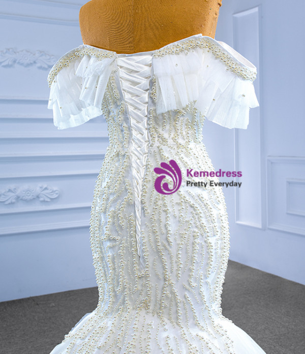 Sexy White Mermaid Tulle Pearls Wedding Dress