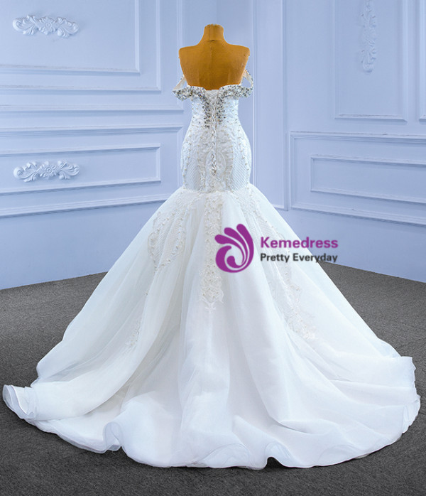 White Mermaid Sequins Beading Wedding Dress With Detachable Train
