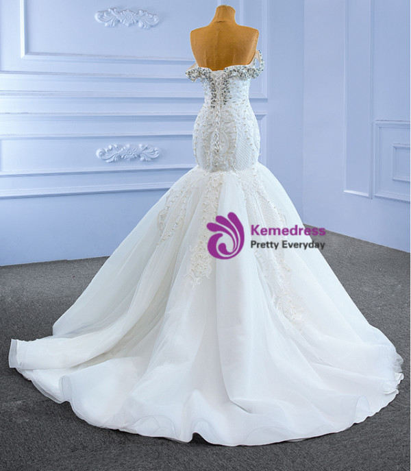 White Mermaid Sequins Beading Wedding Dress With Detachable Train