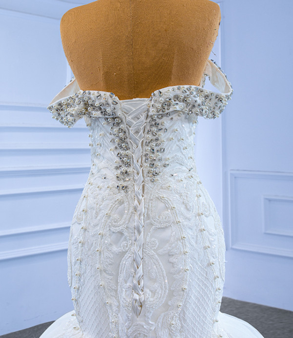 White Mermaid Sequins Beading Wedding Dress With Detachable Train