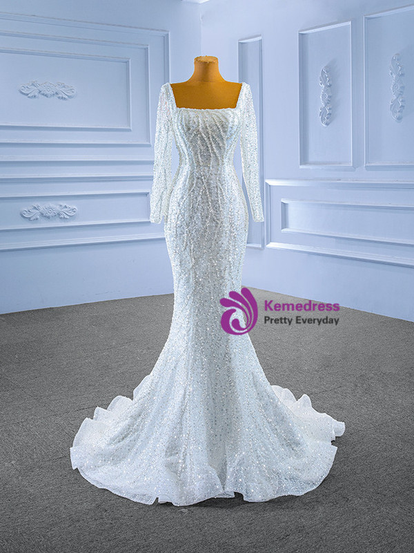 White Mermaid Sequins Square Neck Wedding Dress With Detachable Train