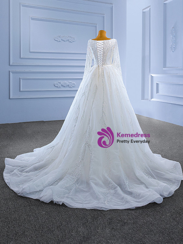 White Mermaid Sequins Square Neck Wedding Dress With Detachable Train