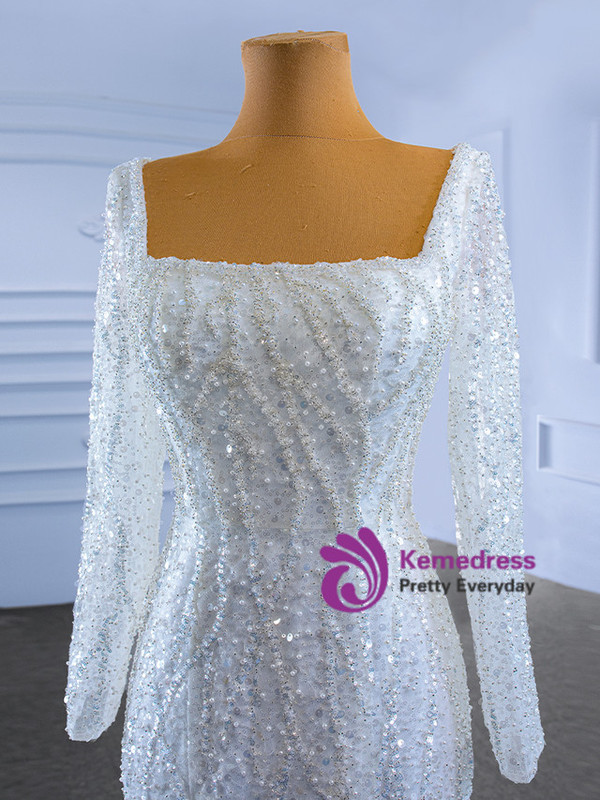 White Mermaid Sequins Square Neck Wedding Dress With Detachable Train