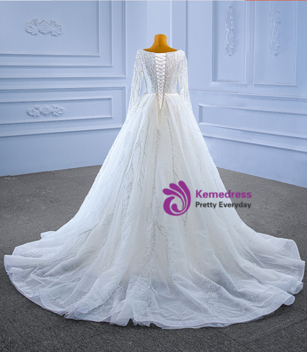 White Mermaid Sequins Square Neck Wedding Dress With Detachable Train