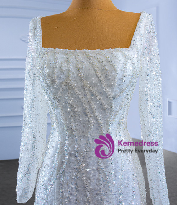White Mermaid Sequins Square Neck Wedding Dress With Detachable Train