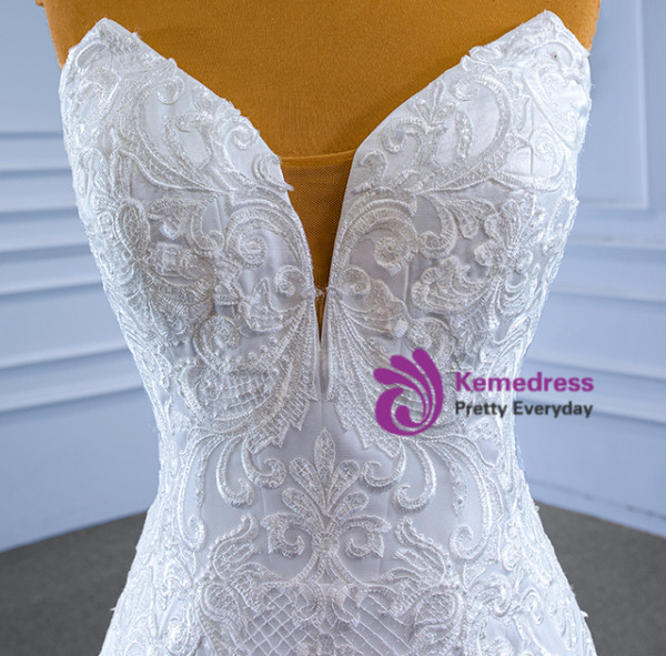 White Mermaid Satin Strapless Lace Appliques Wedding Dress