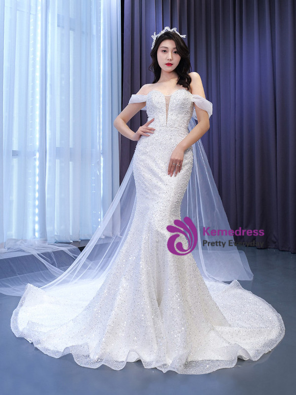 White Mermaid Sequins Pearls Off the Shoulder Wedding Dress