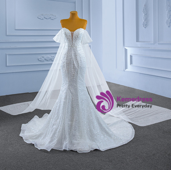White Mermaid Sequins Pearls Off the Shoulder Wedding Dress