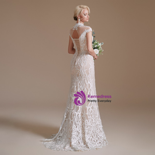 Champagne Mermaid Lace Backless Cap Sleeve Wedding Dress