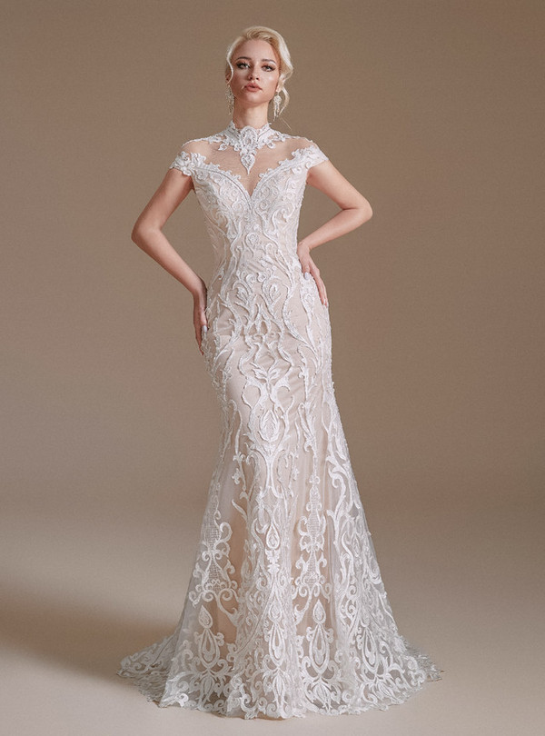 Champagne Mermaid Lace Backless Cap Sleeve Wedding Dress