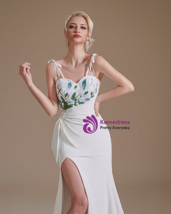 White Mermaid Spaghetti Straps Appliques Wedding Dress