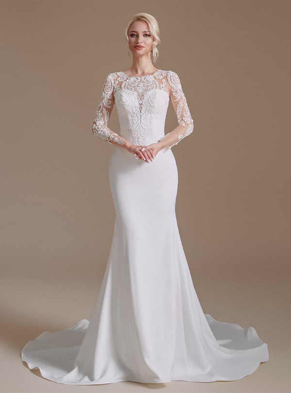 White Mermaid Long Sleeve Appliques Beading Wedding Dress