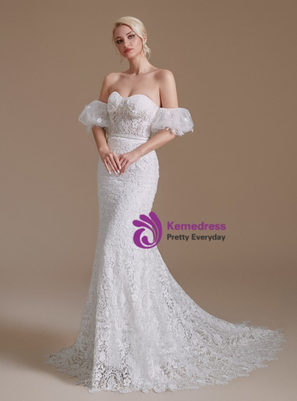 White Mermaid Lace Sweetheart Beading Pearls Wedding Dress