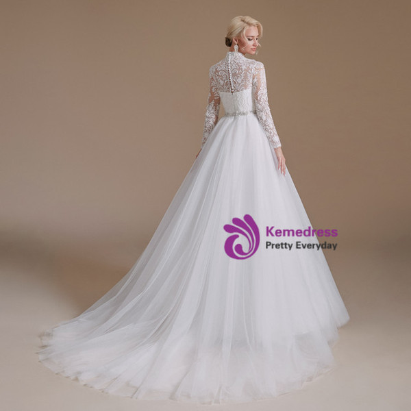White Tulle Appliques Long Sleeve Beading Wedding Dress