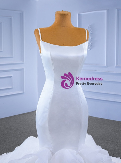 White Mermaid Tulle Spaghetti Straps Wedding Dress