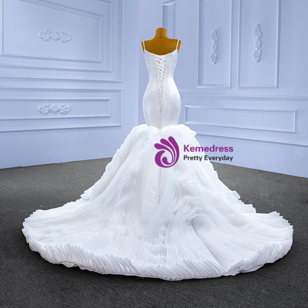 White Mermaid Tulle Spaghetti Straps Wedding Dress