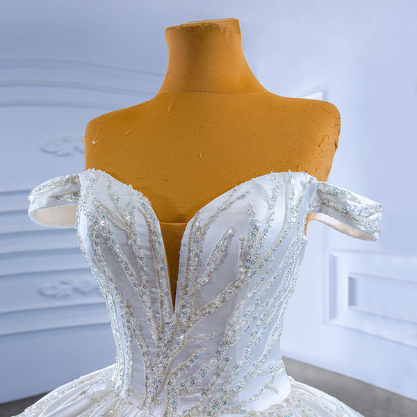 White Satin Off the Shoulder Sequins Wedding Dress