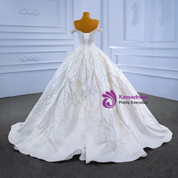 White Satin Off the Shoulder Sequins Wedding Dress