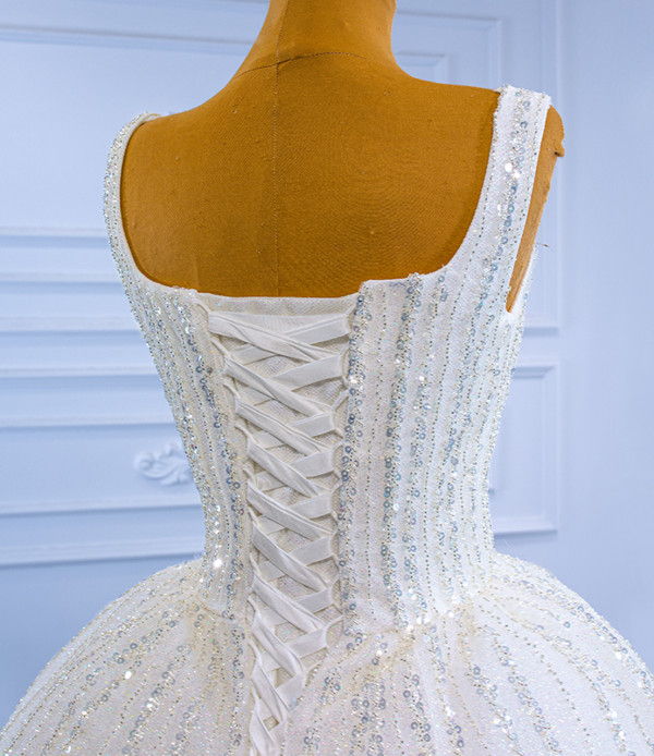 White Ball Gown Tulle Straps Sequins Beading Wedding Dress