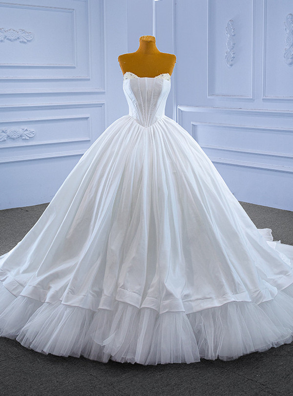 White Ball Gown Tulle Satin Strapless Pearls Wedding Dress
