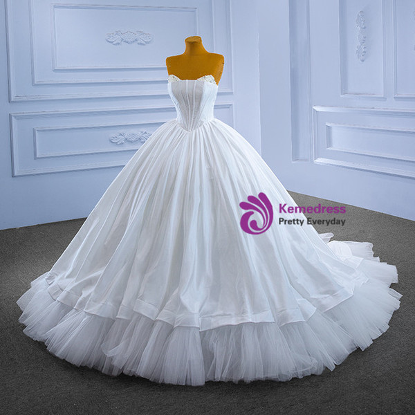 White Ball Gown Tulle Satin Strapless Pearls Wedding Dress