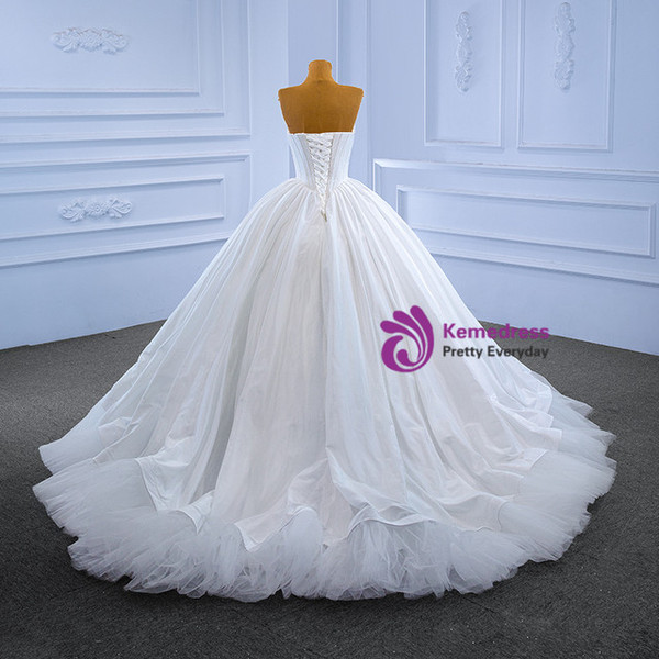 White Ball Gown Tulle Satin Strapless Pearls Wedding Dress