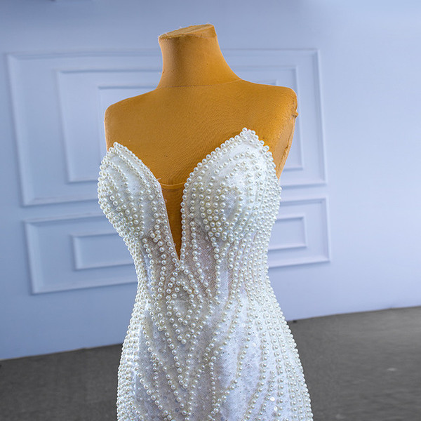 White Mermaid Sequins Pearls Strapless Wedding Dress