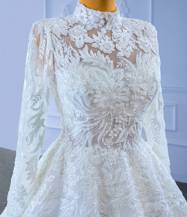 White Long Sleeve High Neck Backless Beading Wedding Dress