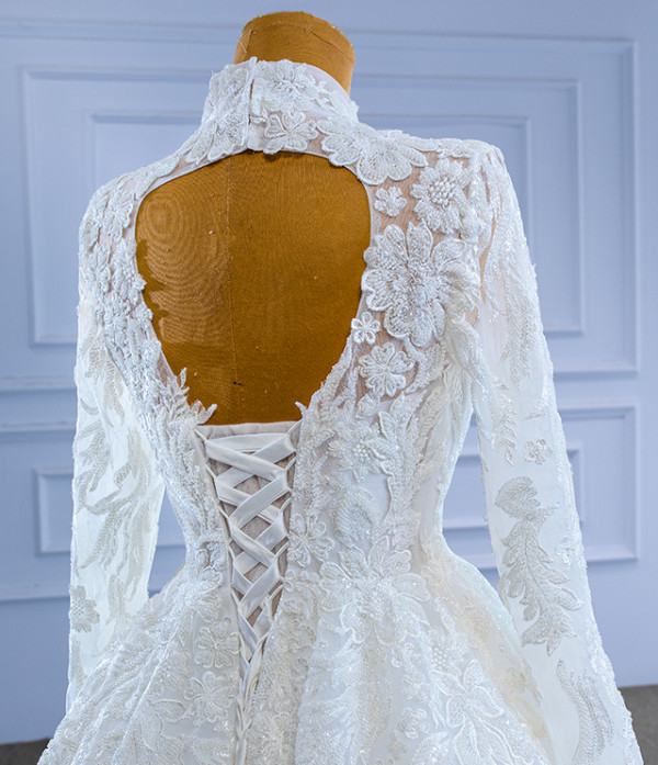 White Long Sleeve High Neck Backless Beading Wedding Dress