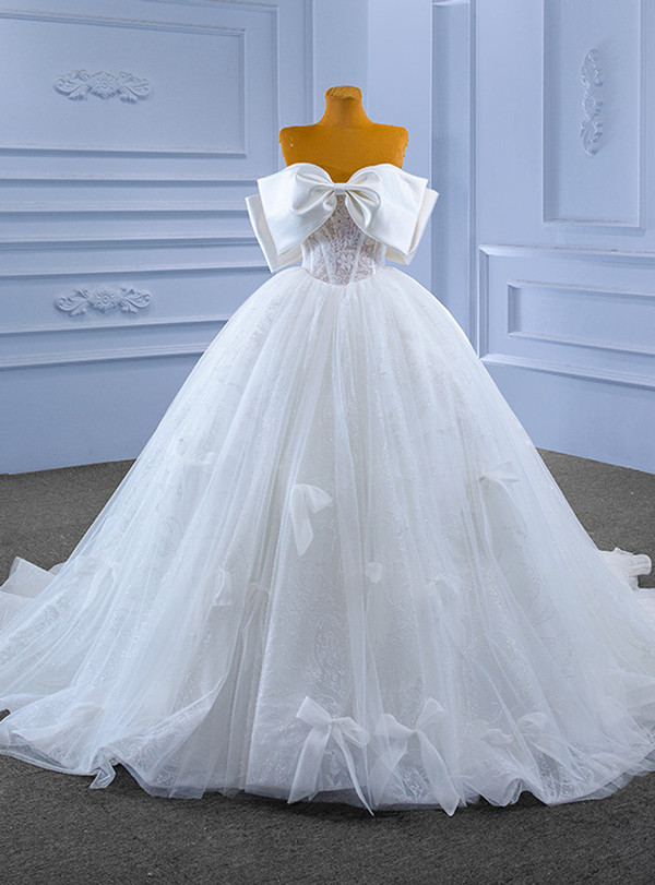 White Tulle Sequins Strapless Bow Wedding Dress
