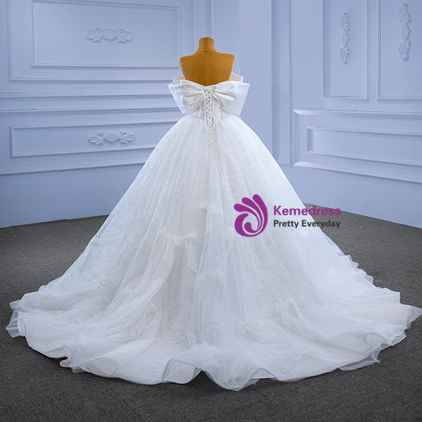 White Tulle Sequins Strapless Bow Wedding Dress