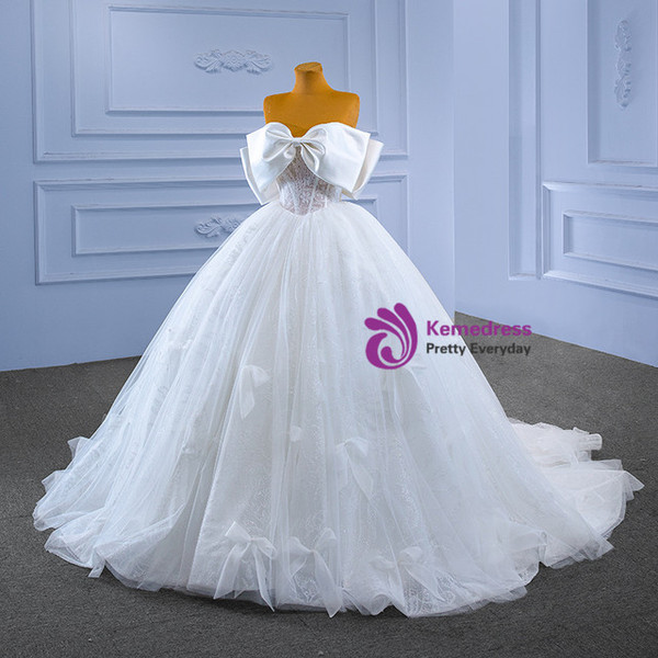 White Tulle Sequins Strapless Bow Wedding Dress
