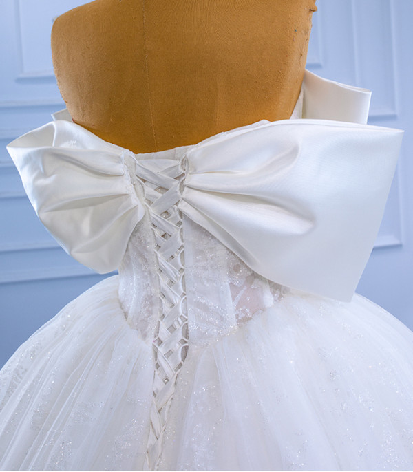 White Tulle Sequins Strapless Bow Wedding Dress