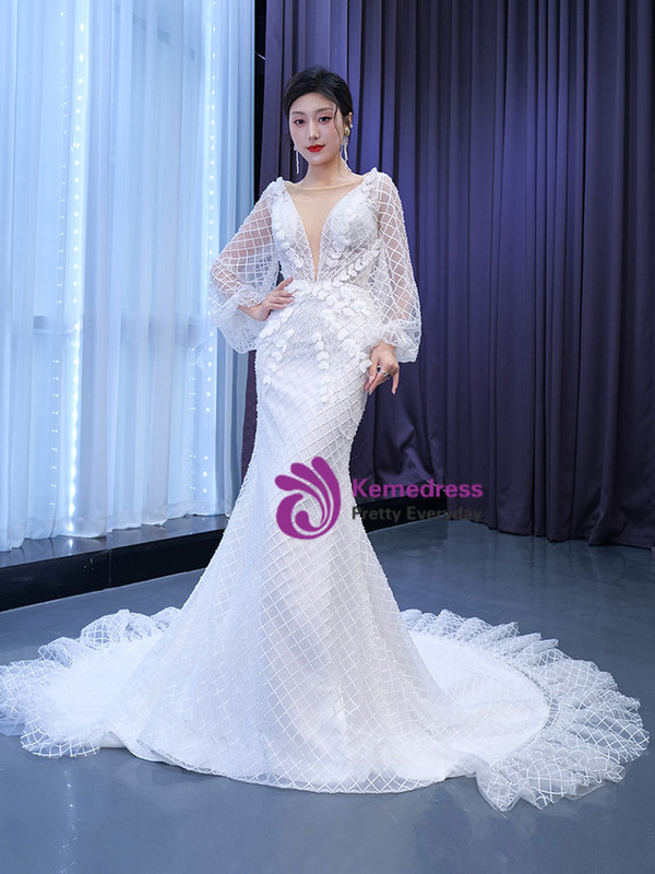 White Mermaid Tulle Appliques Beading See Through V-neck Wedding Dress