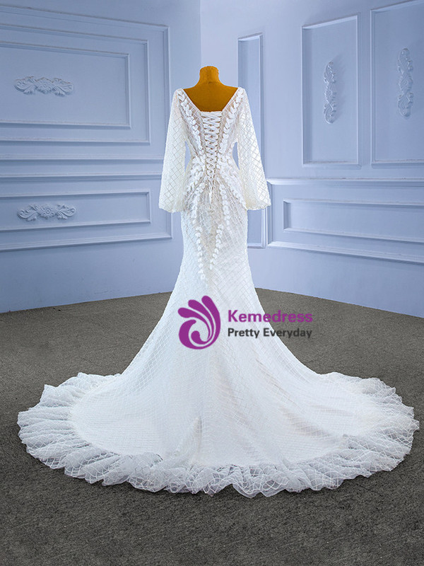 White Mermaid Tulle Appliques Beading See Through V-neck Wedding Dress